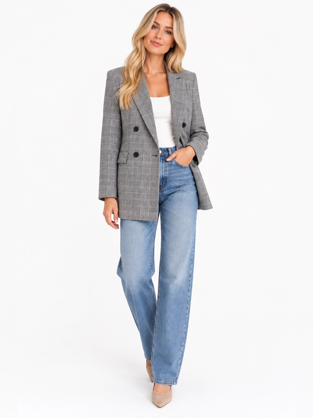 H&M Gray Plaid Double Breasted Blazer Jacket Glen Check Small